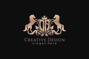 initial DR Retro golden crest with shield and two horses, badge template with scrolls and royal crown - perfect for luxurious branding projects vector