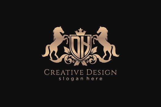 initial DK Retro golden crest with shield and two horses, badge template with scrolls and royal crown - perfect for luxurious branding projects vector