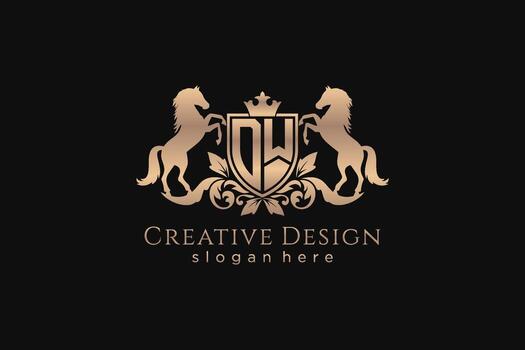 initial DW Retro golden crest with shield and two horses, badge template with scrolls and royal crown - perfect for luxurious branding projects vector