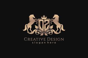 initial DZ Retro golden crest with shield and two horses, badge template with scrolls and royal crown - perfect for luxurious branding projects vector