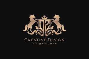 initial DZ Retro golden crest with shield and two horses, badge template with scrolls and royal crown - perfect for luxurious branding projects vector