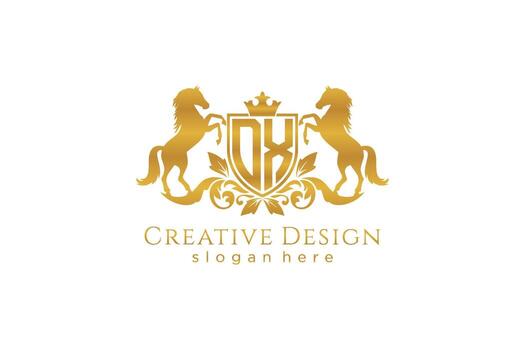 initial DX Retro golden crest with shield and two horses, badge template with scrolls and royal crown - perfect for luxurious branding projects vector