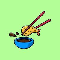 tempura con salsa de soja e ilustración de iconos vectoriales de dibujos animados de palillos. concepto de caricatura plana. adecuado para cualquier proyecto creativo. vector