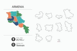 Map of Armenia with detailed country map. Map elements of cities, total areas and capital. vector