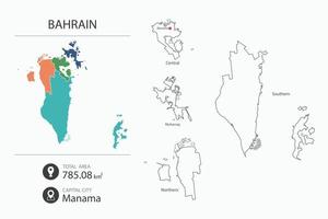 Map of Bahrain with detailed country map. Map elements of cities, total areas and capital. vector