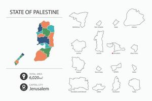 mapa del estado de palestina con mapa detallado del país. elementos del mapa de ciudades, áreas totales y capital. vector