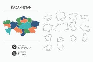 mapa de kazajstán con un mapa detallado del país. elementos del mapa de ciudades, áreas totales y capital. vector