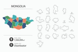 mapa de mongolia con mapa detallado del país. elementos del mapa de ciudades, áreas totales y capital. vector