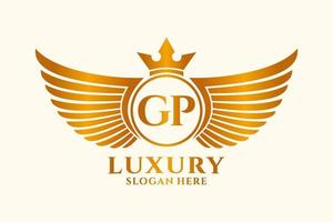 carta de ala real de lujo gp cresta vector de logotipo de color dorado, logotipo de victoria, logotipo de cresta, logotipo de ala, plantilla de logotipo vectorial.