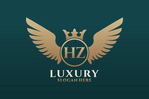 Luxury royal wing Letter HZ crest Gold color Logo vector, Victory logo, crest logo, wing logo, vector logo template.