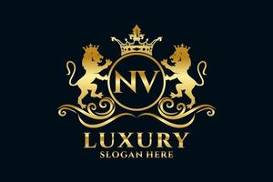 Initial NV Letter Lion Royal Luxury Logo template in vector art for luxurious branding projects and other vector illustration.