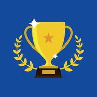 Victory golden trophy icon. Sparkling gold cup with star and laurel wreath on blue background in flat style. vector