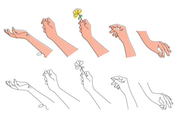 Set of hands, line art style hands, one line drawing