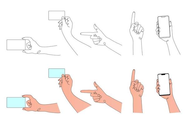 Set of hands, hands in line art style, one line drawing