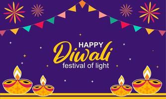 fondo decorativo de tarjetas de felicitación de vacaciones, pancarta, sobre fondo morado, festival de diwali con hermosas luces elegantes e iluminación de diwali vector