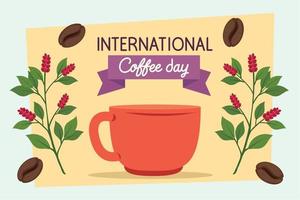 international coffee day lettering with cup vector