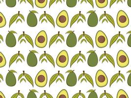 Seamless avocado pattern, avocado slices, leaves on white background. It can be used for packaging, wrapping paper, greeting cards, stickers, fabric, and prints. vector