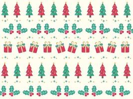 Seamless pattern Background with christmas tree, gift box and flowers poinsettia. Cute design. The design used for printing, background, gift wrapping, baby clothes, textile, vector illustration