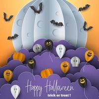 Happy Halloween banner background with clouds and pumpkins in paper cut style. Full moon in the sky, spiders web, skull, ghost and flying bats. Vector Illustration