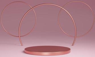 Podios mínimos de oro rosa 3d, pedestales, escalones en el fondo y un marco redondo de oro rosa. Bosquejo. representación 3d foto