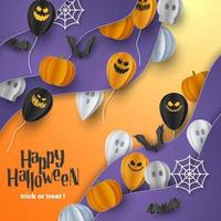 Happy Halloween banner background with clouds and pumpkins in paper cut style. Full moon in the sky, spiders web, skull, ghost and flying bats. Vector Illustration