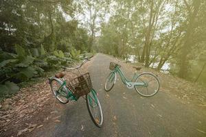 A bicycle on road with sunlight and green tree in park outdoor. photo