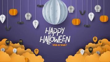 Happy Halloween banner background with clouds and pumpkins in paper cut style. Full moon in the sky, spiders web, skull, ghost and flying bats. Vector Illustration