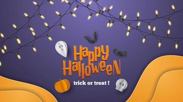 Happy Halloween banner background with clouds and pumpkins in paper cut style. Full moon in the sky, spiders web, skull, ghost and flying bats. Vector Illustration