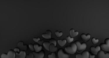 Valentine's Day concept, black hearts balloons on black background. 3D rendering. photo