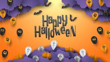 Happy Halloween banner greeting card background in paper cut style. Vector Illustration