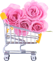 rosas cor de rosa no carrinho de compras para casamento de amor e dia dos namorados png