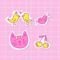 pegatina kawaii de la colección de dibujos animados. tortolitos, labios, cereza y lindo gato. vector