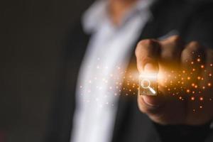 A businessman catching wood box with search icon symbol and computer graphic light, internet and searching technology, browser and data concept shoot with copy space for text and design photo