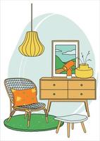 interior escandinavo de la sala de estar. elegante sillón, cómoda, lámpara y muebles. acogedor interior con colores brillantes. ilustración vectorial con muebles de estilo hygge.