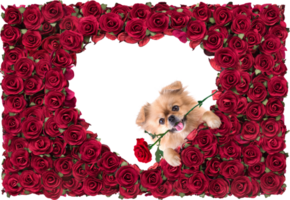 Happy valentines day forme de coeur blanc en rose rouge beau fond et chiots mignons pomeranian mixed breed pekingese dog png
