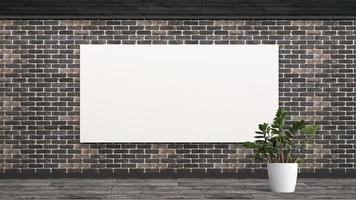 Mockup brick wall with flower plant in Scandinavian style. Blank white poster with frame empty wall mock-up. 3d render. photo