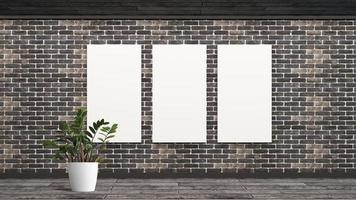 Mockup brick wall with flower plant in Scandinavian style. Blank white poster with frame empty wall mock-up. 3d render. photo