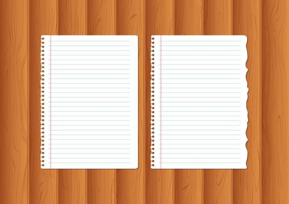 Realistic notebook papers isolated on wood background