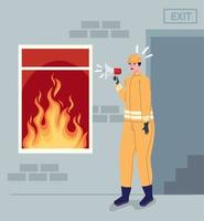 Fireman with megaphone in fire vector