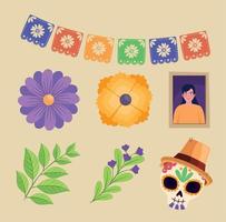 siete iconos de dia de los muertos vector