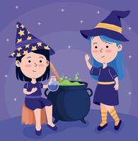 halloween witches with cauldron vector