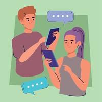 young couple with smartphones chatting vector