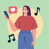 mujer escuchando musica en smartphone vector