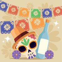 dia de los muertos skull with wine and garlands vector