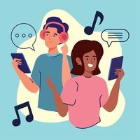 pareja con smartphones escuchando música vector