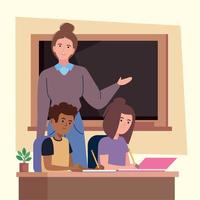 female teacher with students kids vector