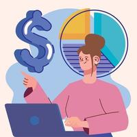 mujer con dinero y pastel de estadísticas vector