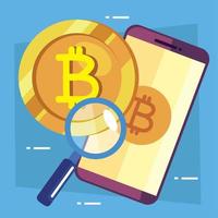 bitcoins con smartphone y lupa vector