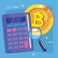bitcoin with calculator and magnifying glass vector