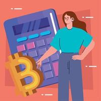 bitcoin con calculadora y mujer vector